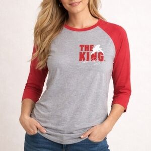 Elvis Presley The King Graphic Raglan Shirt Baseball Tee Red & Gray 3/4Sleeve XL